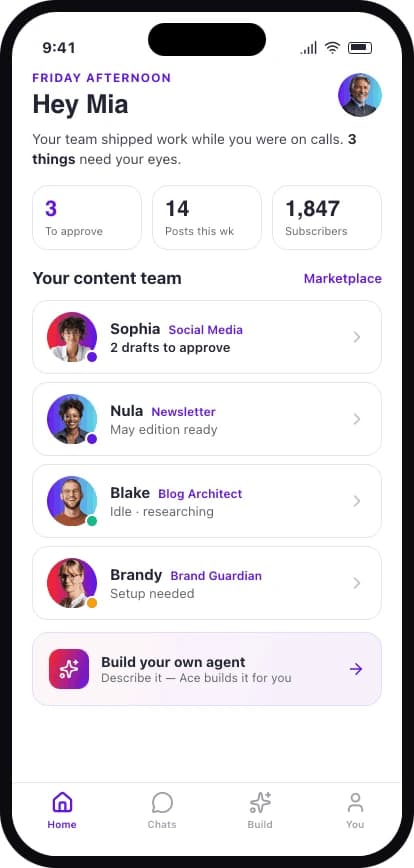 Squidgy app home screen showing your agents