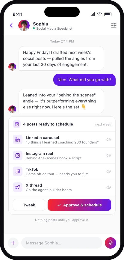 Chatting with Sophia, who has drafted next week's social posts for approval