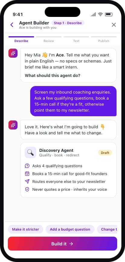 Describing a new agent in plain English in the Squidgy builder