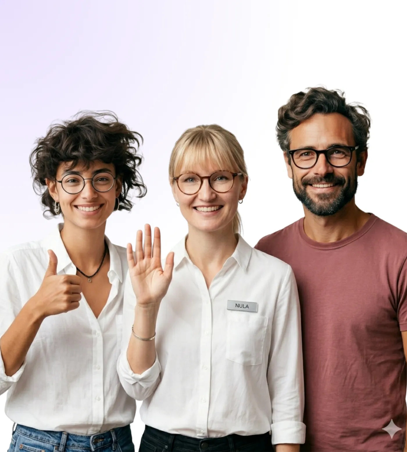 Sophia, Nula and Blake — the Squidgy AI content team — smiling and waving