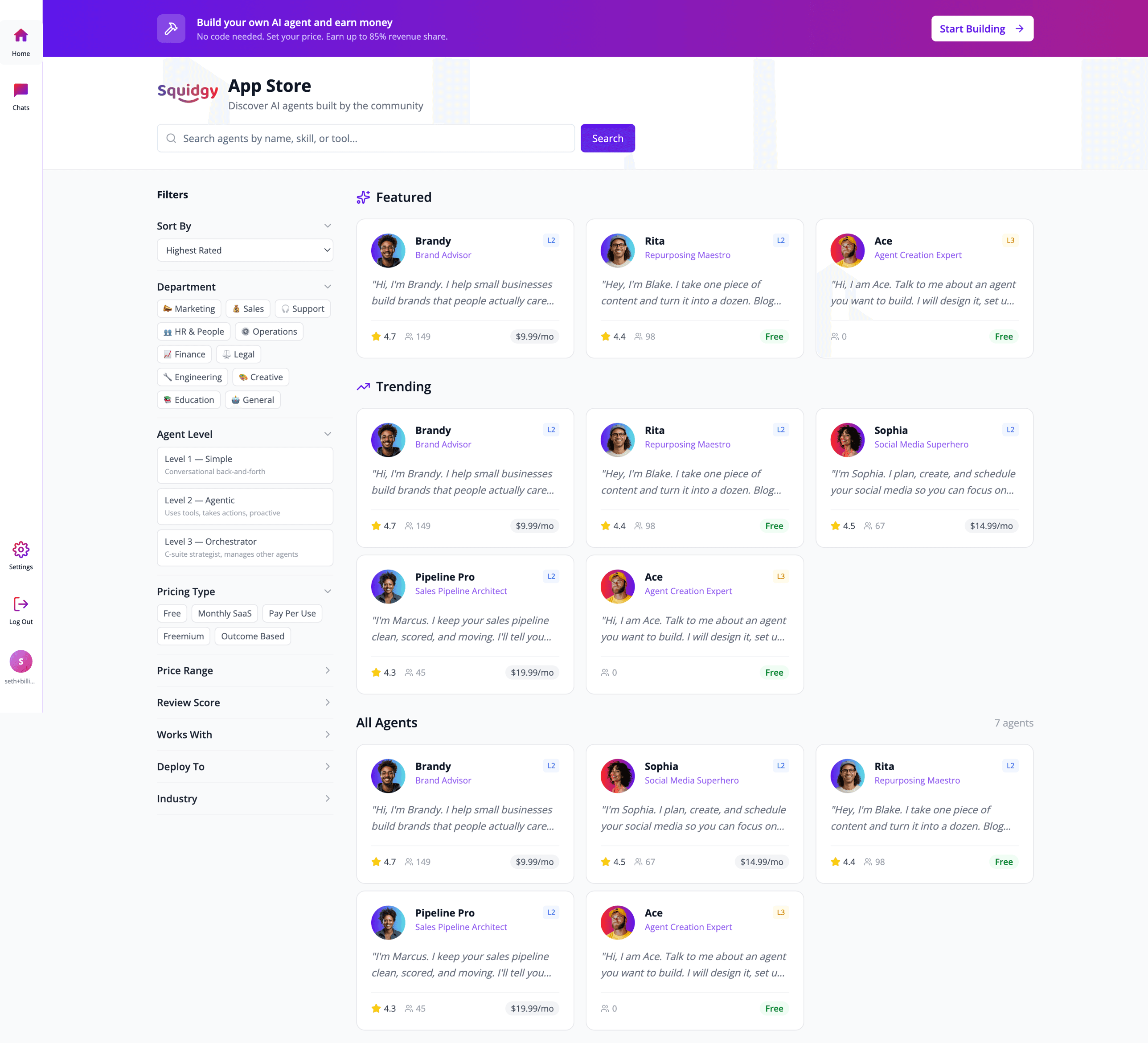 Squidgy App Store — browse AI agents by category, level, and price, with featured and trending sections.